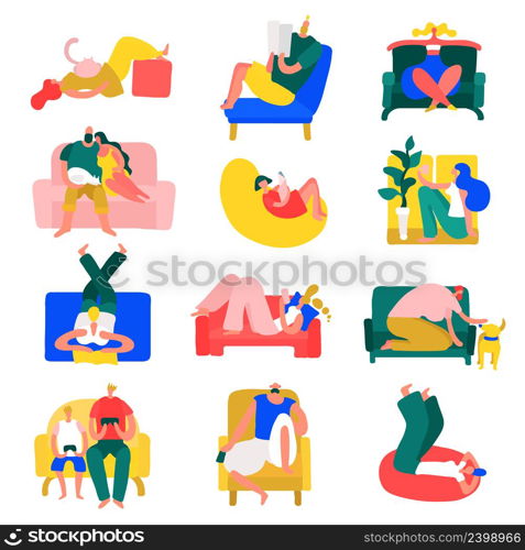 People free time rest home poses colorful icons collection with relaxing in yoga position isolated vector illustration . People Rest Home Set