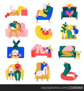 People free time rest home poses colorful icons collection with relaxing in yoga position isolated vector illustration . People Rest Home Set