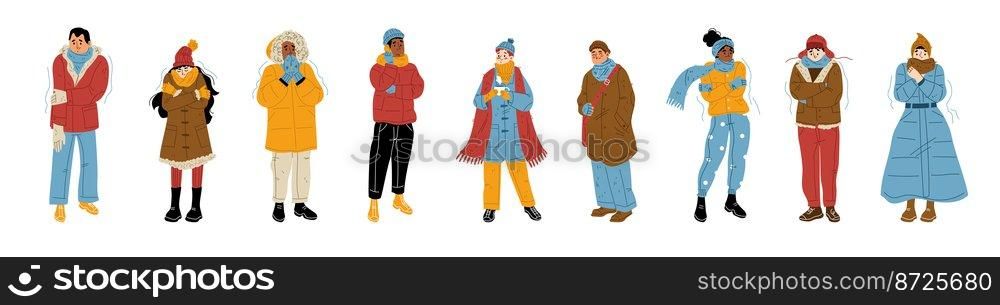 People freeze and shiver at cold weather. Isolated characters wear warm clothes trembling and suffering of low minus degrees temperature at wintertime season, Cartoon linear flat vector illustration. People freeze and shiver at cold winter weather