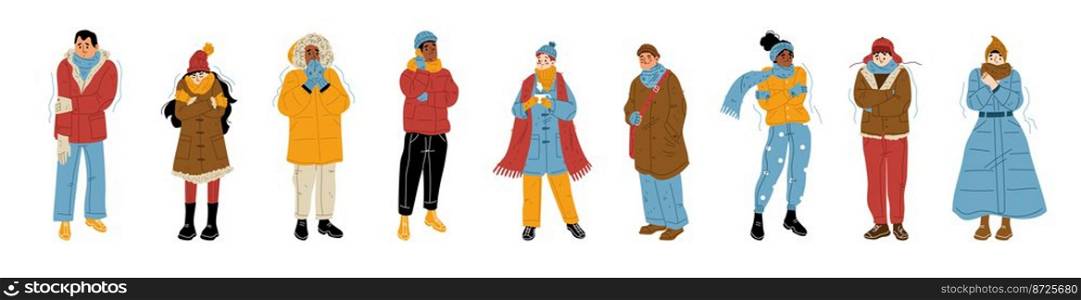 People freeze and shiver at cold weather. Isolated characters wear warm clothes trembling and suffering of low minus degrees temperature at wintertime season, Cartoon linear flat vector illustration. People freeze and shiver at cold winter weather