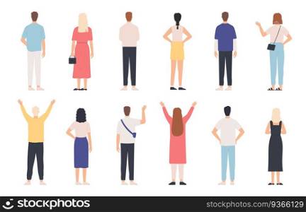 People from behind. Adult man and woman back view standing poses. Happy person with hands up and waving. Rear human in clothes vector set. Female and male characters in casual outfit. People from behind. Adult man and woman back view standing poses. Happy person with hands up and waving. Rear human in clothes vector set