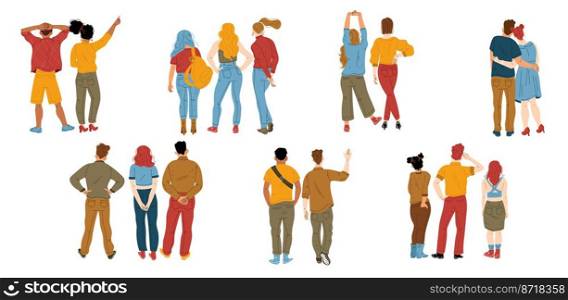 People from behind, male and female characters group rear view isolated on white background. Abstract young persons, couples and friends backside position, Cartoon linear flat vector illustration, set. People from behind, male and female characters