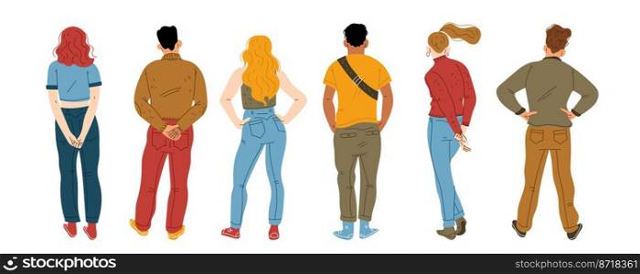 People from behind, male and female characters group stand in row rear view isolated on white background. Abstract young persons line backside position, Cartoon linear flat vector illustration. People from behind, male or female characters rear