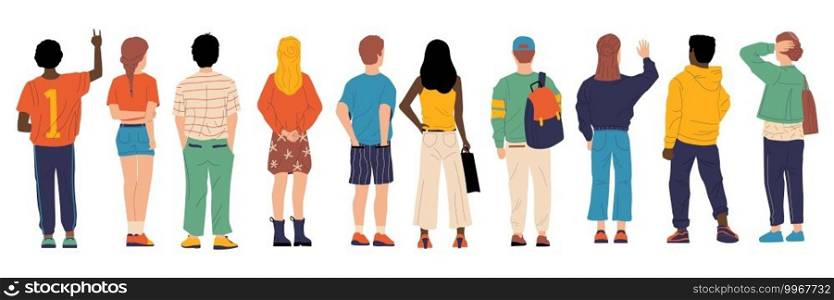 People from behind. Man and woman person’s back, young cartoon characters standing together, crowd male and female from back side with bags vector group of boy and girl backside flat isolated set. People from behind. Man and woman person’s back, young cartoon characters standing together, crowd male and female from back side with bags vector group of boy and girl flat isolated set