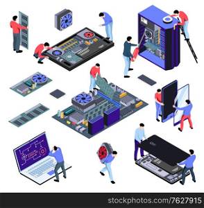 People from computer repair service and broken devices 3d isometric icons set on white background isolated vector illustration