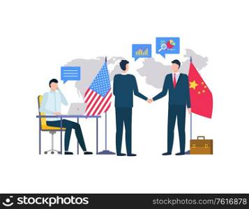 People from us and china representatives vector, men shaking hands, bosses with flags of country. Person sitting by table typing info on laptop flat style. Business betwen USA and China. Partners of China and USA on Conference Agreeing