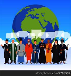 People from world religions with transparent speech bubbles flat composition with globe on blue background vector illustration. People From World Religions Flat Composition