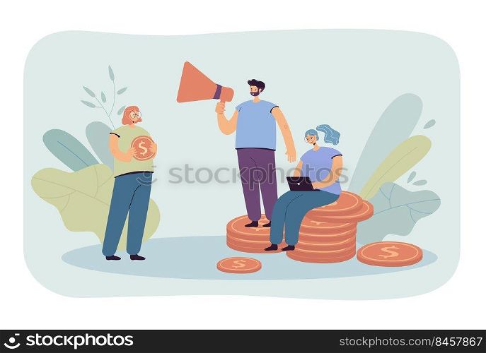 People funding money vector illustration. Man talking into megaphone, woman using laptop. Female character holding dollar coin. Charity, funding concept for banner, website design, landing web page