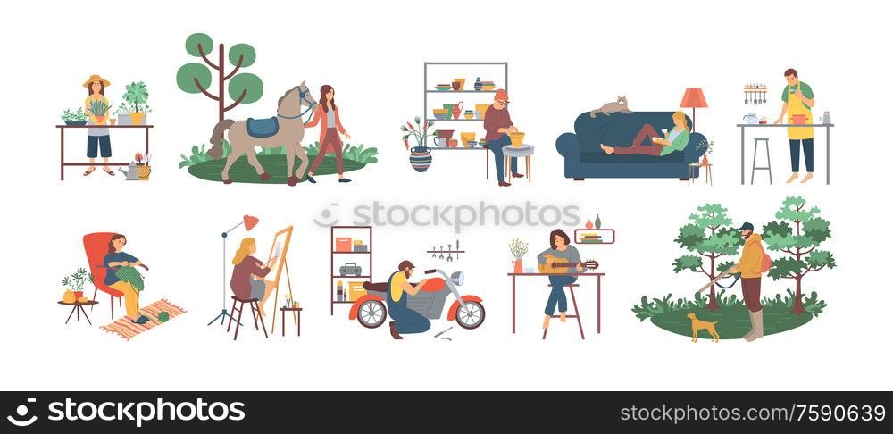 People gardening and cooking, fixing motorbikes vector. Reading books and drawing on canvas, playing guitar and caring for horses animal, men and women. Hobby of People at Free Time Gardening and Cooking