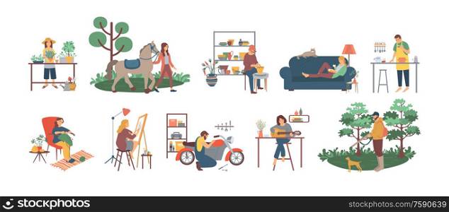 People gardening and cooking, fixing motorbikes vector. Reading books and drawing on canvas, playing guitar and caring for horses animal, men and women. Hobby of People at Free Time Gardening and Cooking