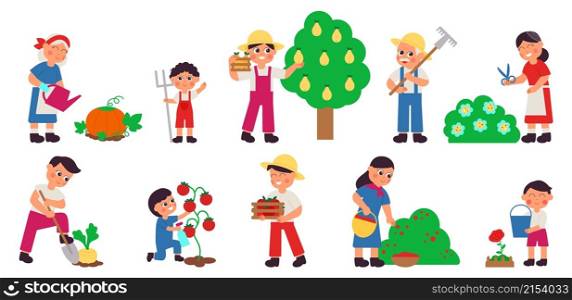 People gardening. Cartoon farmers, children adults plant organic vegetables. Autumn harvest, fresh products market decent vector characters. Farmer and gardener illustration, woman and man pick fruits. People gardening. Cartoon farmers, children adults plant organic vegetables. Autumn harvest, fresh products market decent vector characters