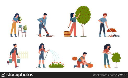 People gardening. Characters doing farming job watering, gathering, planting, growing and transplant sprouts using equipment vector gardener set. People gardening. Characters doing farming job watering, gathering, planting, growing and transplant sprouts using equipment vector set
