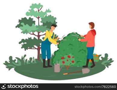People gardening vector, man and woman with scissors and tools. Instruments in hands of gardeners, trees and nature, bushes of roses hobby of couple. Farming People, Gardening Man and Woman Hobby