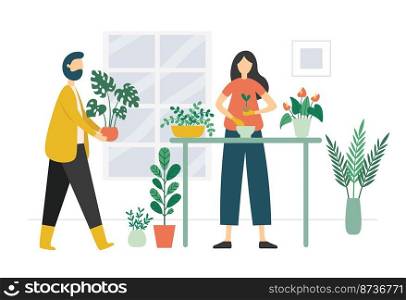 People gardening. Woman in gloves replanting sprout into new flowerpot. Man carrying plant. Characters taking care of houseplant indoor. Pots with plants on table in room vector illustration. People gardening. Woman in gloves replanting sprout into new flowerpot. Man carrying plant. Characters taking care of houseplant