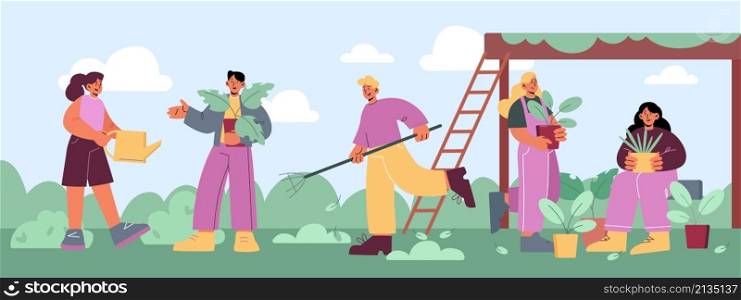 People gardening works on farm or garden. Men and women farmers planting and watering sprouts, raking ground. Happy farmers characters group working in summer orchard Line art flat vector illustration. People gardening works on farm or garden field