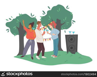 People gathered for party, celebration or holidays for friends. Male and female drinking cocktails and talking. Trees decorated with ribbons and flags. Loudspeakers with music. Vector in flat style. Friends gathered for weekend party in backyard