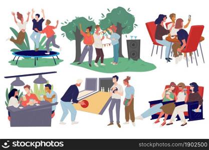 People gathered to have fun, partying in backyard, grilling meat bbq and spending time in pub or cafe drinking coffee. Bowling and cinema, jumping on trampoline in park. Vector in flat style. Friends gathered for weekend fun, activities rest