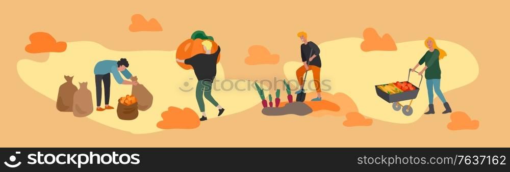 People gathering crops or seasonal harvest, collecting ripe vegetables, picking fruits and berries, remove leaves. Men, women work on a farm. Agricultural workers in autumn. Cartoon vector illustration. People gathering crops or seasonal harvest, ollecting ripe vegetables, picking fruits and berries, remove leaves. Men, women work on a farm. Agricultural workers in autumn. Cartoon vector