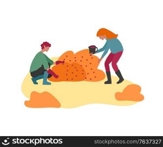 People gathering crops or seasonal harvest, picking fruits and berries. Men, women work on a farm. Agricultural workers in autumn. Cartoon vector illustration. People gathering crops or seasonal harvest, picking fruits and berries. Men, women work on a farm. Agricultural workers in autumn. Cartoon vector