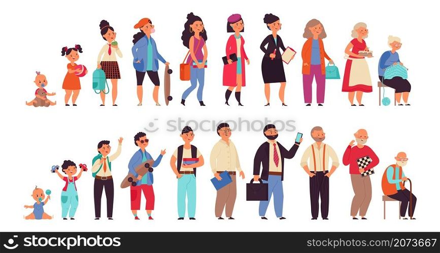 People generations. Human ages, boys girls women and men. Aging steps, life cycle progress from baby to senior person decent vector characters. Illustration stage generation development, woman and man. People generations. Human ages, boys girls women and men. Aging steps, life cycle progress from baby to senior person decent vector characters