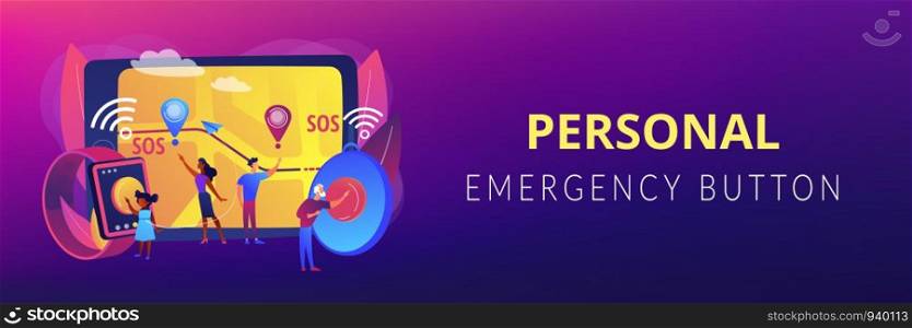 People get lost, in trouble. Personal emergency button, built in GPS SOS button, personal security solution, care your children and seniors concept. Header or footer banner template with copy space.. Personal emergency button concept banner header