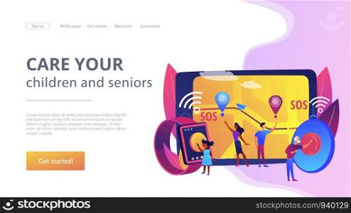 People get lost, in trouble. Personal emergency button, built in GPS SOS button, personal security solution, care your children and seniors concept. Website homepage landing web page template.. Personal emergency button concept landing page