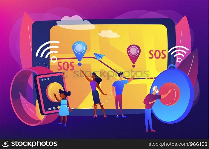 People get lost, in trouble. Personal emergency button, built in GPS SOS button, personal security solution, care your children and seniors concept. Bright vibrant violet vector isolated illustration. Personal emergency button concept vector illustration