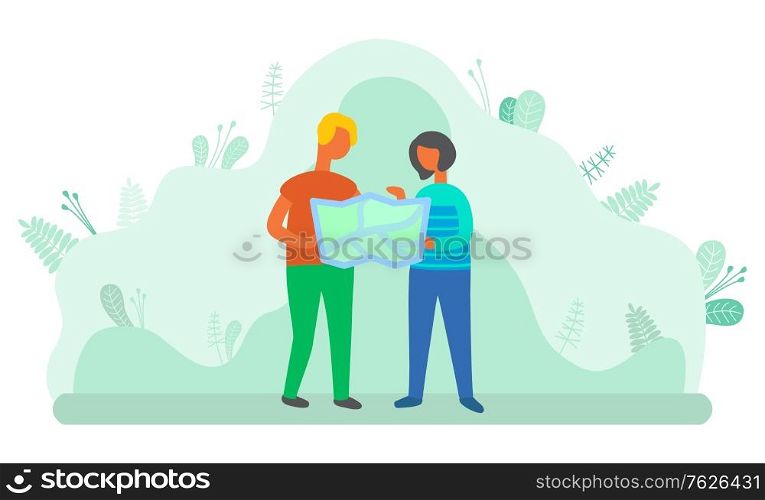People get lost while traveling vector, man and woman holding atlas reading information on paper. Summertime summer vacation trip of couple flat style. Woman and Man Using Map to Find Location Get Lost