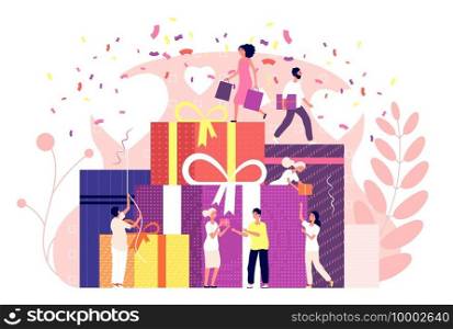 People gift boxes. Celebration presents, prize draw, promotion holiday gifts, winning box, men and women online shop marketing vector concept. Illustration box gift and present surprise. People gift boxes. Celebration presents, prize draw, promotion holiday gifts, winning box, men and women online shop marketing vector concept