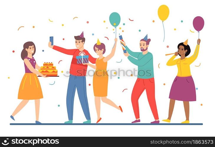 People give gifts for birthday. Cartoon young men and women celebrate holiday together. Happy girl with festive cake accepts congratulations from friends. Cheerful company. Vector fun party concept. People give gifts for birthday. Cartoon men and women celebrate holiday together. Girl with festive cake accepts congratulations from friends. Cheerful company. Vector fun party concept