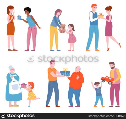 People give gifts. Multi age characters make pleasant surprises for each other, family holiday, decorated boxes, kids and adults giving present vector set. Family give gifts. Multi age characters make pleasant surprises for each other, family holiday, decorated boxes, kids and adults, vector set