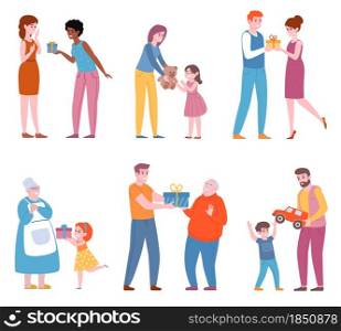 People give gifts. Multi age characters make pleasant surprises for each other, family holiday, decorated boxes, kids and adults giving present vector set. Family give gifts. Multi age characters make pleasant surprises for each other, family holiday, decorated boxes, kids and adults, vector set