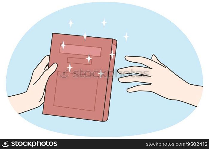 People giving book from hands to hands. Friends sharing textbook. Literature exchange. Library and knowledge concept. Vector illustration.. People exchange book