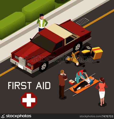 People giving first aid to man injured in result of car accident 3d isometric vector illustration