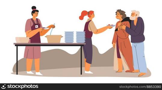 People giving food to poor, volunteers cooking and feeding homeless characters. Caring and saving lives. Women with bowls and casserole with prepared hot meals or dishes. Vector in flat style. Volunteer feeding poor homeless people outdoors