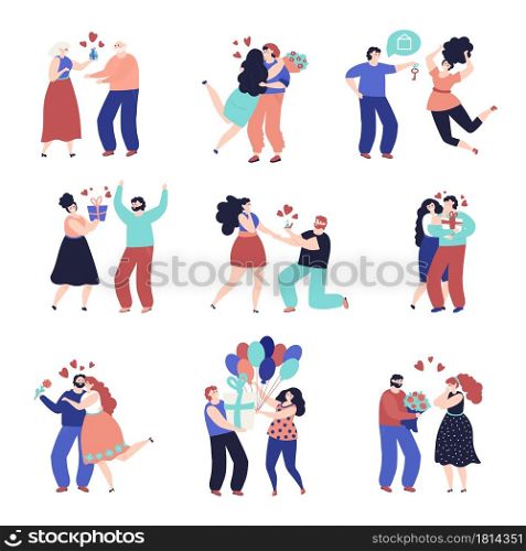 People giving gift. Holiday family gifts, couples with present box. Romantic adult hugging, birthday party vector set. Emotional celebrating present, celebration entertainment event illustration. People giving gift. Holiday family gifts, happy festive couples with present box. Romantic adult hugging, birthday party decent vector set