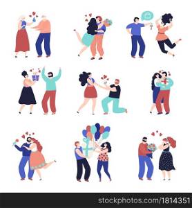 People giving gift. Holiday family gifts, couples with present box. Romantic adult hugging, birthday party vector set. Emotional celebrating present, celebration entertainment event illustration. People giving gift. Holiday family gifts, happy festive couples with present box. Romantic adult hugging, birthday party decent vector set