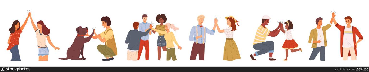 People giving high five. Set of characters gesturing together. Pet and owner, couple and family, friends partying. Cheerful personages happy of results, vector. Different nations informal greeting. People Giving High Five, Friends and Couples Set