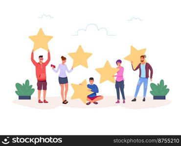 People giving stars. Customer feedback success rate, client service review, customers hold star, satisfaction rating, clients opinion, icon flat vector illustration. Feedback and review positive. People giving stars. Customer feedback success rate, client service review, customers hold star, satisfaction rating, clients opinion, icon flat garish vector illustration