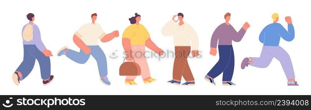 People go and run. Woman men in different projection. Flat cartoon business characters. Sport guy, businesswoman, male talk on smartphone, vector set. Illustration of man people in moving. People go and run. Woman men in different projection. Flat cartoon business characters. Sport guy, businesswoman, male talk on smartphone, vector set