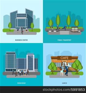 People go to work design concept set with public transport station flat icons isolated vector illustration. People Go To Work