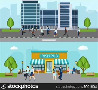 People go to work horizontal banner with business office building isolated vector illustration. People Go To Work Banner
