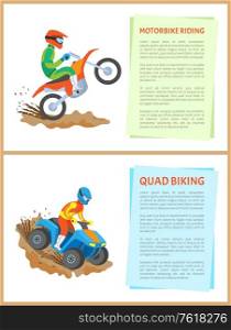 People going in for extreme sports vector, quad bike activity and motorbike riding set of posters with text. Motorcyclist wearing special helmet and costume. Motorbike Riding and Quad Bike Hobby Sports Set