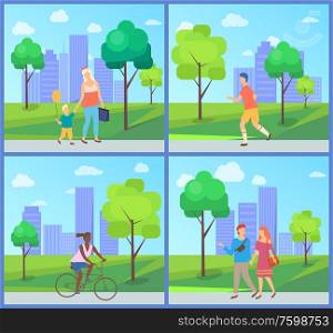 People going in urban park, family leisure outdoor, running man, walking couple, woman on bicycle, weekend of male and females in casual clothes vector. People in Urban Park, Activity near Trees Vector