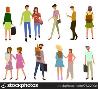 People going outdoor, man and woman holding package, buying products or flowers. Male carrying bread, grocery shopping, person in marketplace vector. Grocery Shopping, People with Purchases Vector