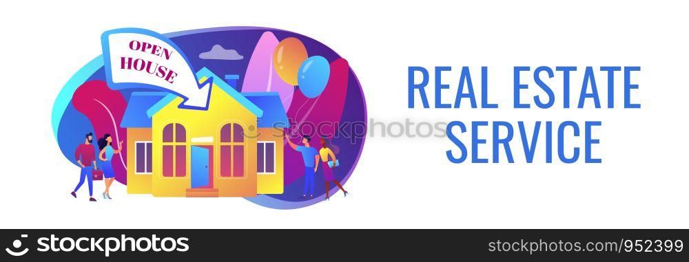 People going to housewarming party flat characters. Open house, open for inspection property, welcome to your new home, real estate service concept. Header or footer banner template with copy space.. Open house concept banner header.