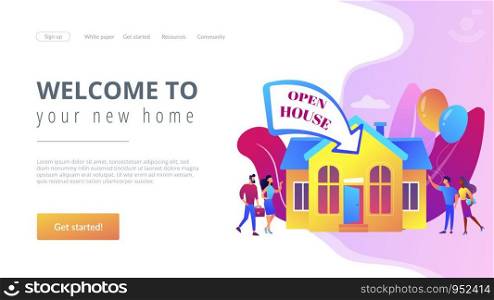 People going to housewarming party flat characters. Open house, open for inspection property, welcome to your new home, real estate service concept. Website homepage landing web page template.. Open house concept landing page.