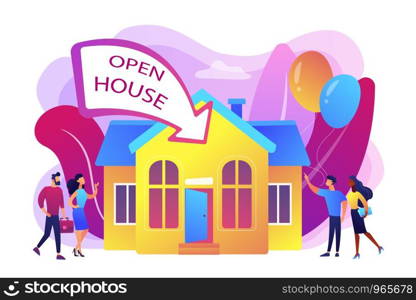 People going to housewarming party flat characters. Open house, open for inspection property, welcome to your new home, real estate service concept. Bright vibrant violet vector isolated illustration. Open house concept vector illustration.