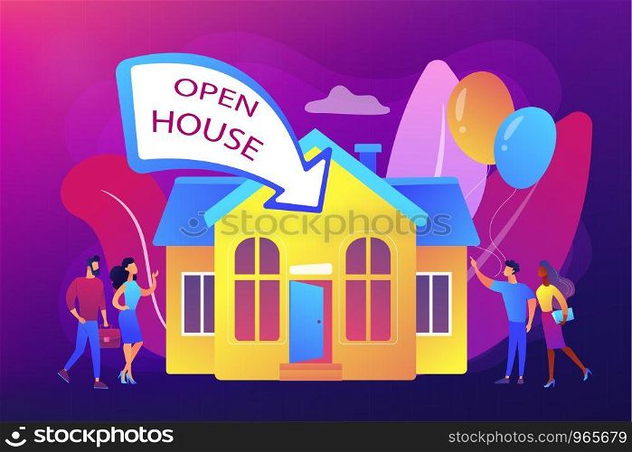 People going to housewarming party flat characters. Open house, open for inspection property, welcome to your new home, real estate service concept. Bright vibrant violet vector isolated illustration