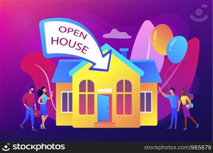 People going to housewarming party flat characters. Open house, open for inspection property, welcome to your new home, real estate service concept. Bright vibrant violet vector isolated illustration